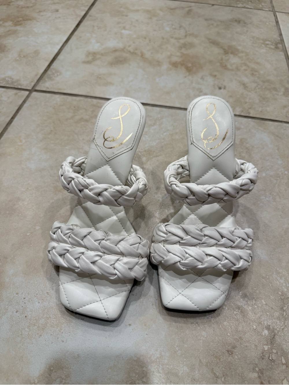 Sam Edelman White Braided Double-Strap Quilted Slide Heels
